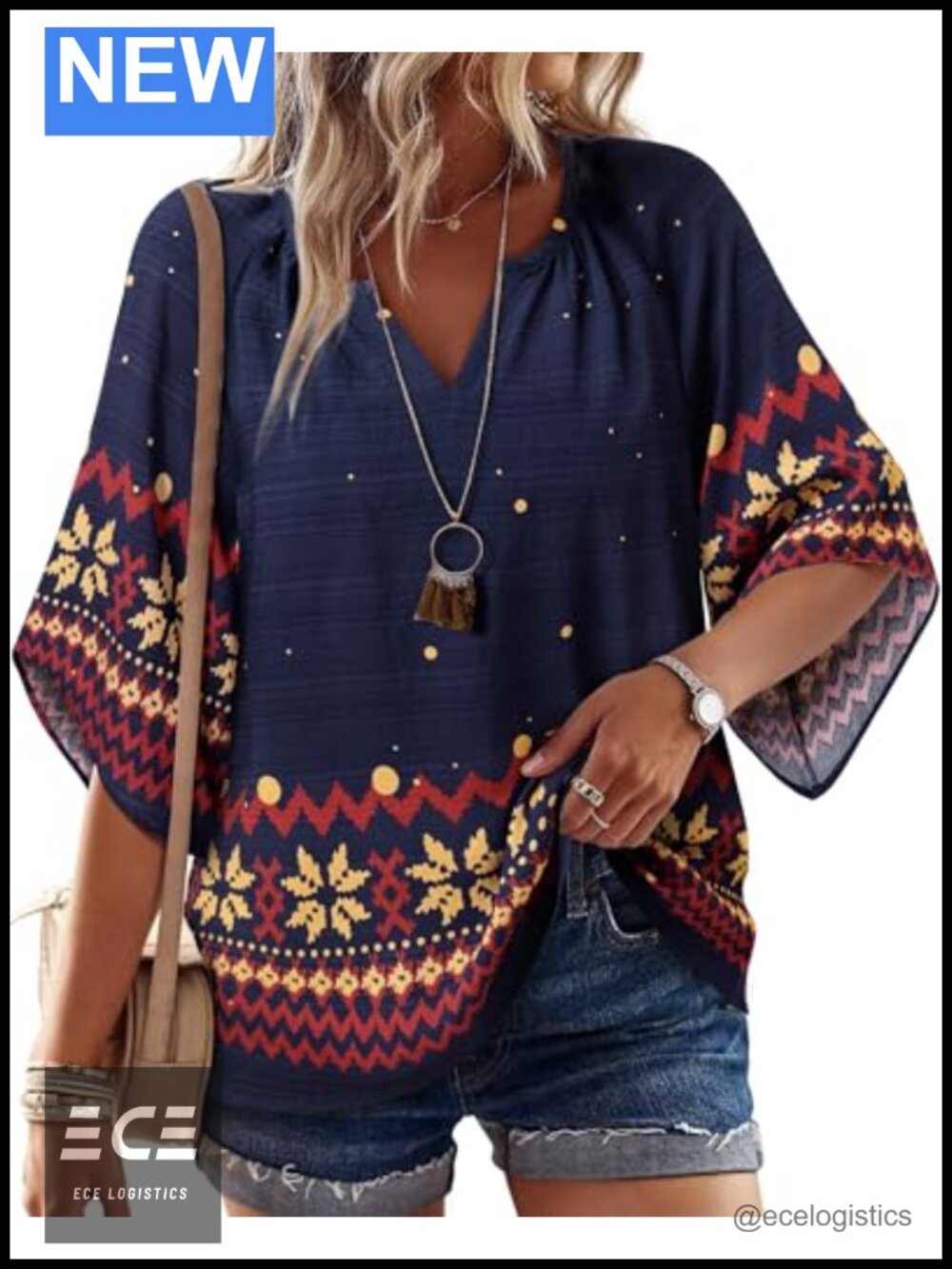 Womens 3/4 Bell Sleeve V Neck Boho Peasant Blouse Loose Tunic Top